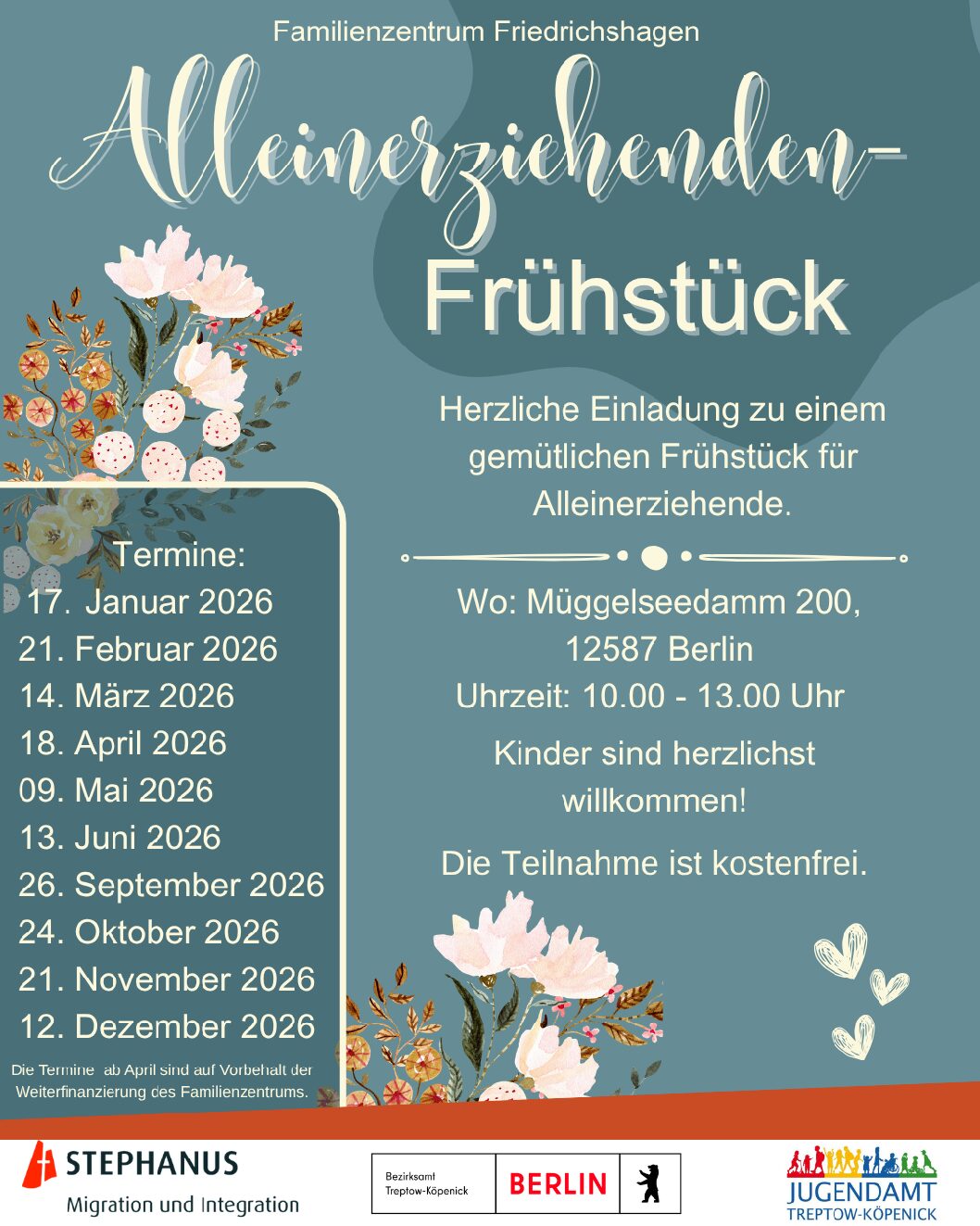 nächstes Frühstück für Alleinerziehende im Familienzentrum Friedrichshagen am 26.09.26 von 10-13 Uhr